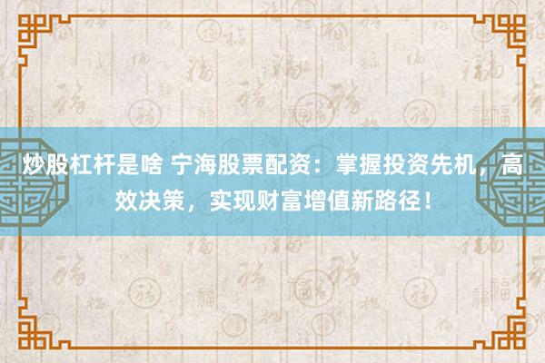 炒股杠杆是啥 宁海股票配资：掌握投资先机，高效决策，实现财富增值新路径！